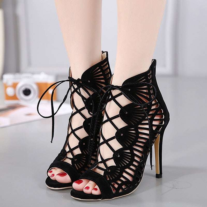 Women's Lace Stiletto High Heels – Suede Fish Mouth Hollow Roman Sandals | Black | EU 35–40