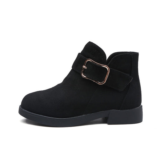 Black ankle boot with a bow and buckle on a white background