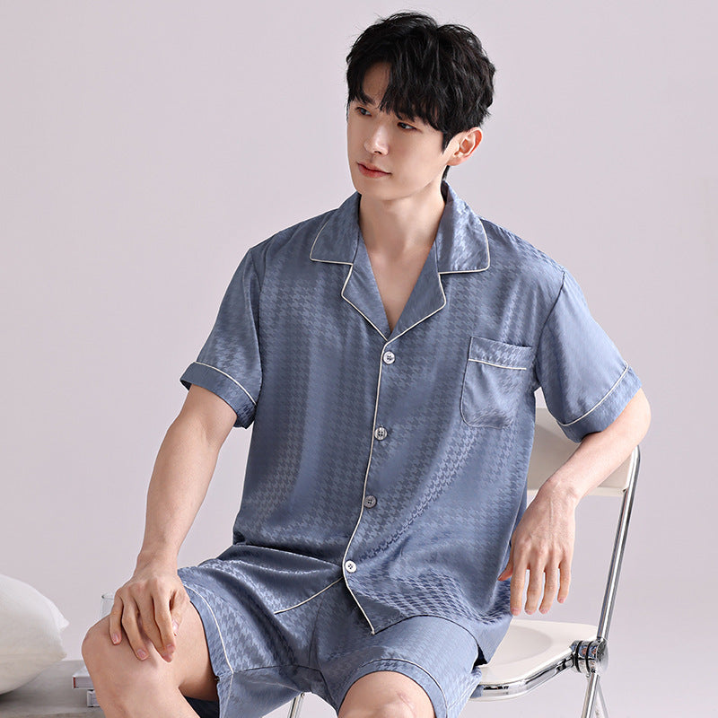 Men's Ice Silk Pajamas - Adult Summer Sleepwear Big Black Plaid