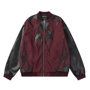 Bomber jacket with flame design on a white background