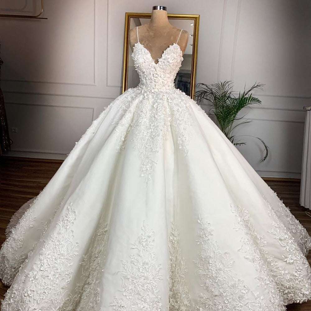 Women's Deep V-Neck Lace Sleeveless Wedding Dress – Floor-Length Bridal Gown with Straps | White | US 2–16 & 14W–26W