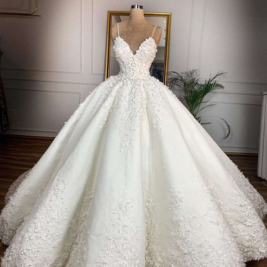 Women's Deep V-Neck Lace Sleeveless Wedding Dress – Floor-Length Bridal Gown with Straps | White | US 2–16 & 14W–26W