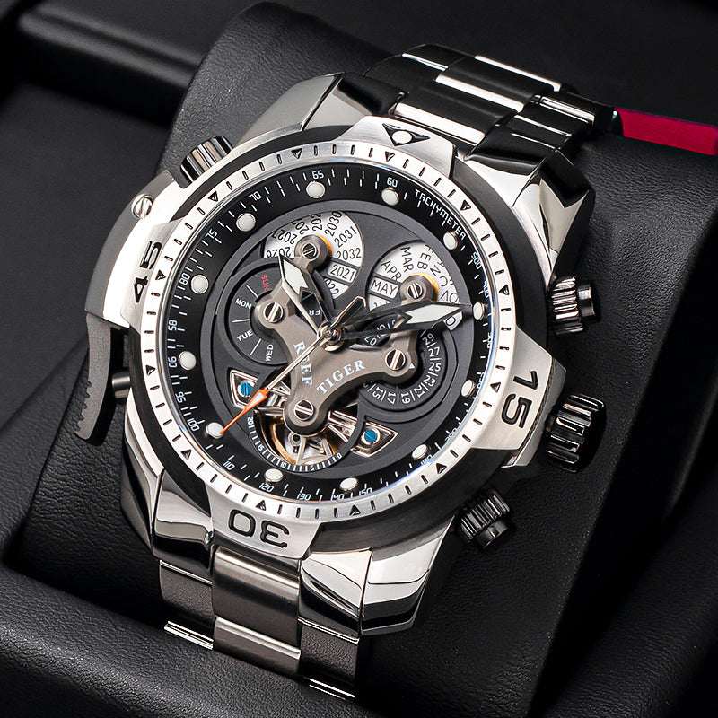 Men's Large Dial Mechanical Watch – 45mm Hollow-Out Waterproof Strong Luminous Steel Watch | 6 Styles