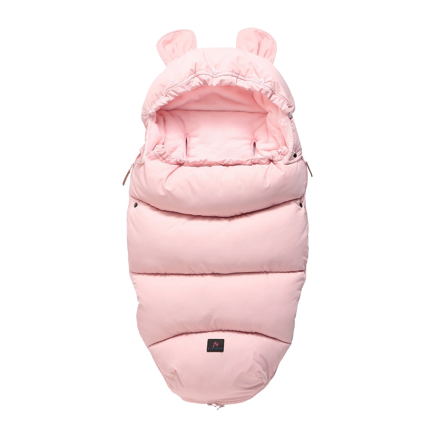 Pink baby sleeping bag with bear ears on a white background