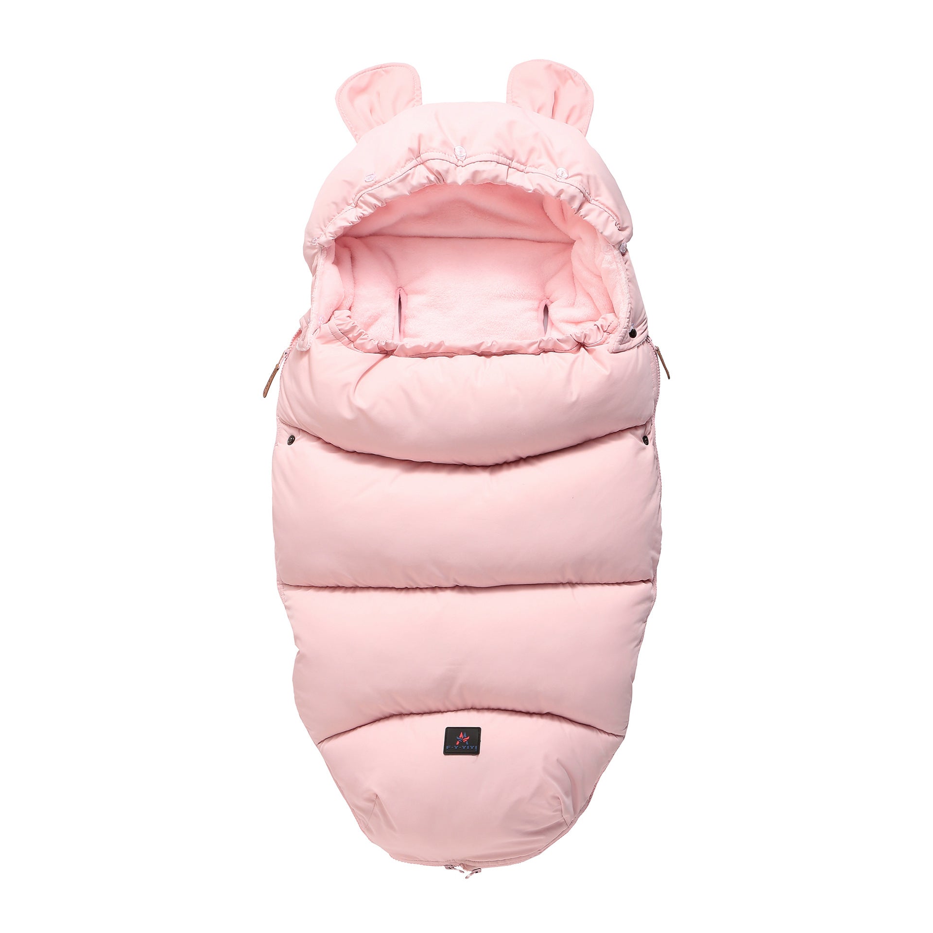 Pink baby sleeping bag with bear ears on a white background