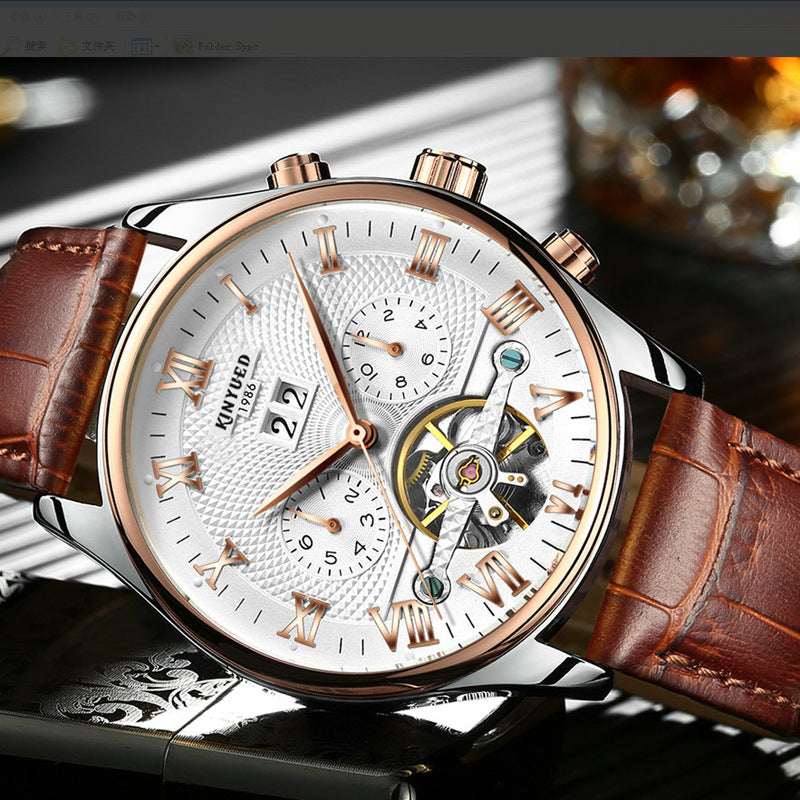 KINYUED Men's Automatic Hollow Tourbillon Mechanical Watch – JYD-J012 Sports Series 30m Waterproof | Steel & Leather Strap