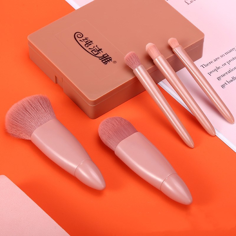 5Pcs Makeup Brushes Tool Set Cosmetic Powder Eye Shadow Foundation Blush Blending Make Up Brush - Pink with Mirror