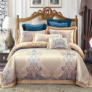 Decorative bedspread with intricate patterns in a bedroom setting