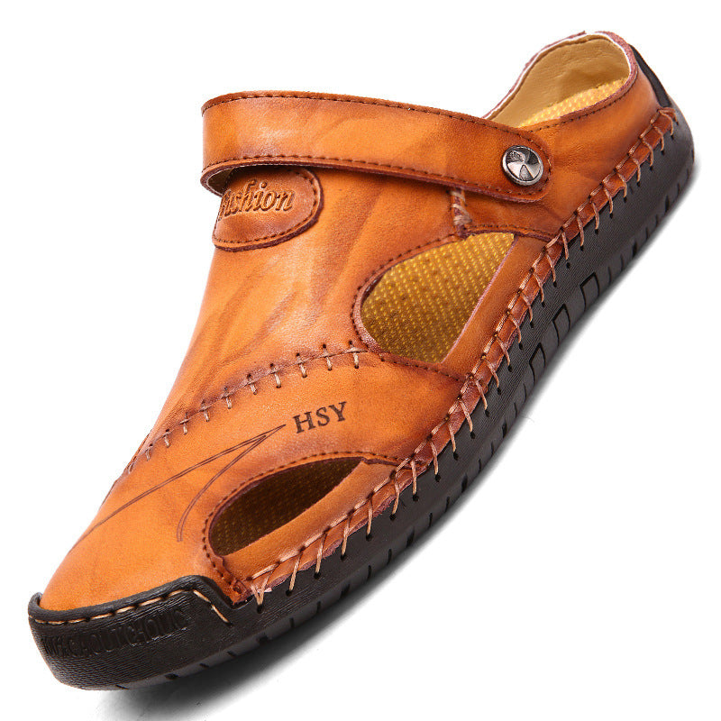 Brown sandal with 'HSY' branding on a white background
