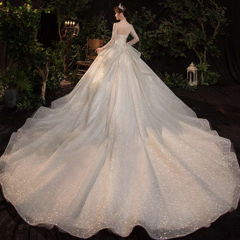 Women's French Retro Long-Sleeve Wedding Dress – Elegant Bridal Evening Gown | Floor-Length & 1.3m Trailing | S–2XL