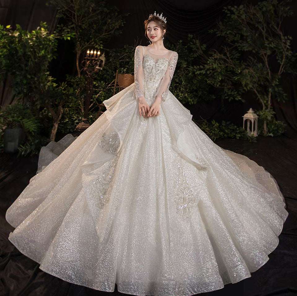 Women's French Retro Long-Sleeve Wedding Dress – Elegant Bridal Evening Gown | Floor-Length & 1.3m Trailing | S–2XL