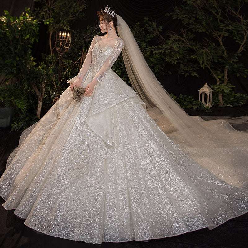 Women's French Retro Long-Sleeve Wedding Dress – Elegant Bridal Evening Gown | Floor-Length & 1.3m Trailing | S–2XL