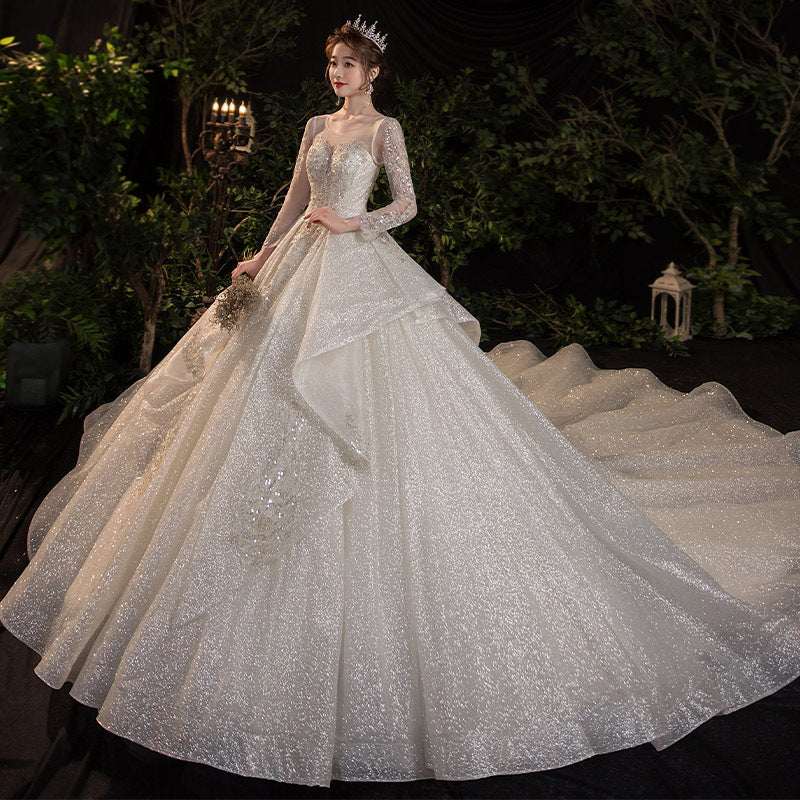 Women's French Retro Long-Sleeve Wedding Dress – Elegant Bridal Evening Gown | Floor-Length & 1.3m Trailing | S–2XL