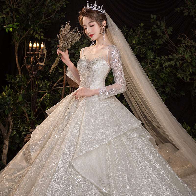 Women's French Retro Long-Sleeve Wedding Dress – Elegant Bridal Evening Gown | Floor-Length & 1.3m Trailing | S–2XL