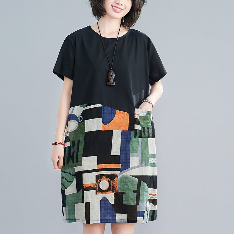 Summer Large Size Loose And Thin Stitching Printed Mid Length Dress