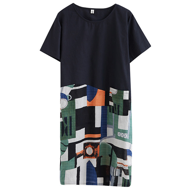 Summer Large Size Loose And Thin Stitching Printed Mid Length Dress