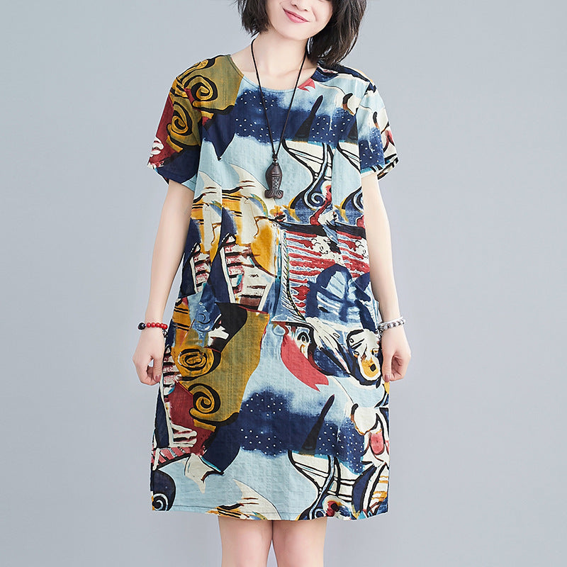 Summer Large Size Loose And Thin Stitching Printed Mid Length Dress