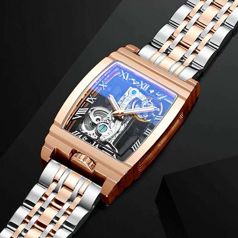 Unisex Hollow Flywheel Mechanical Watch – Creative Open-Work Single Bridge 42mm Stainless Steel | Gold & Silver Styles