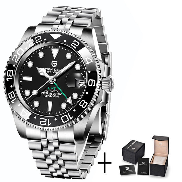 Silver wristwatch with black dial and brand logo on a white background