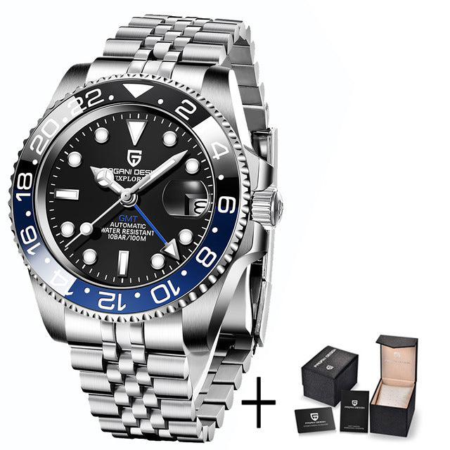 Silver wristwatch with black and blue dial on a white background