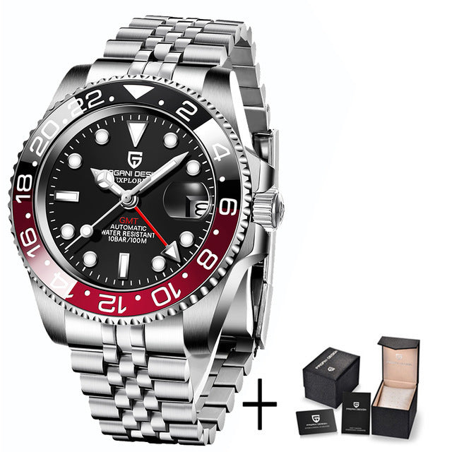 Silver wristwatch with black and red face on a white background