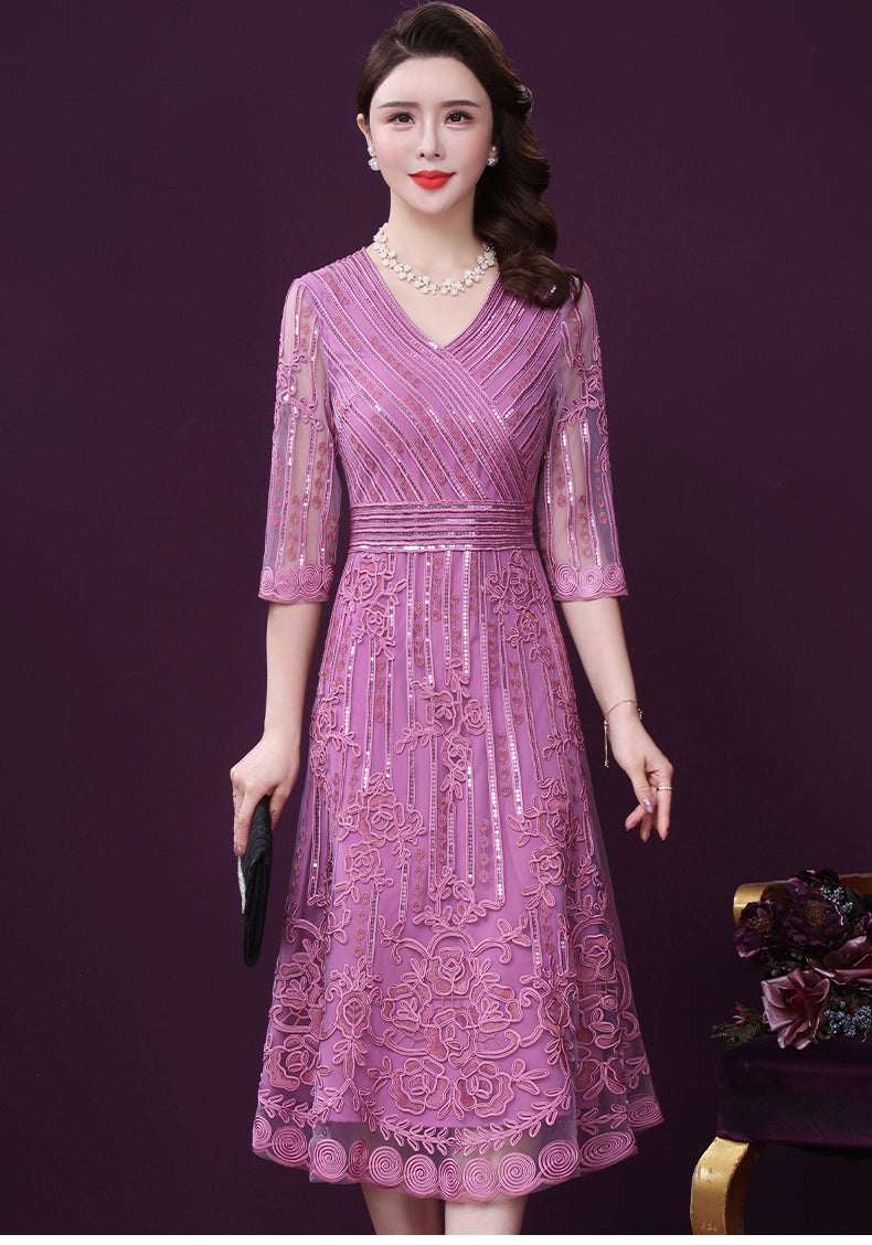 Women's V-Neck Long-Sleeve 3D Floral Appliqué A-Line Maxi Dress | Purple | M–4XL