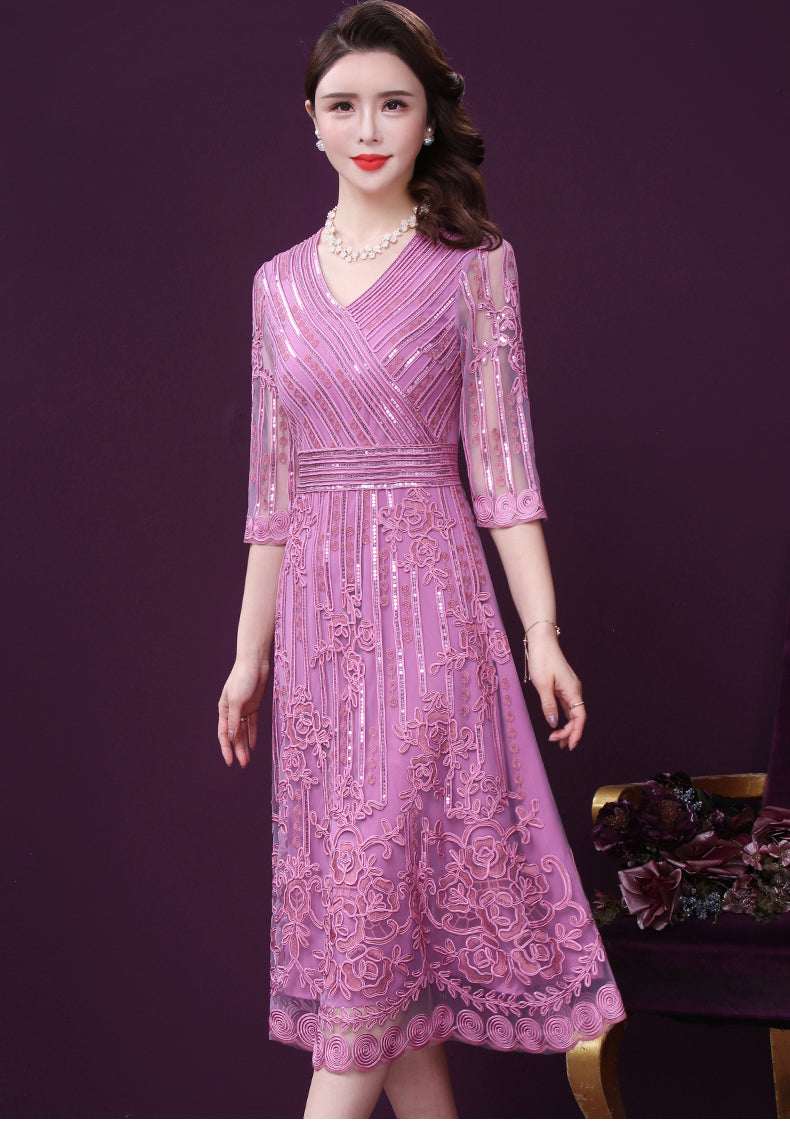 Women's V-Neck Long-Sleeve 3D Floral Appliqué A-Line Maxi Dress | Purple | M–4XL