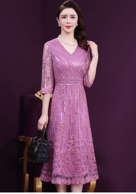 Women's V-Neck Long-Sleeve 3D Floral Appliqué A-Line Maxi Dress | Purple | M–4XL