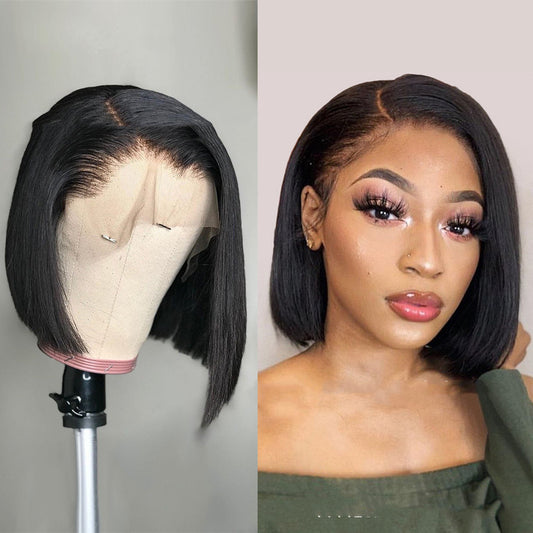 Black bob wig on a mannequin head and a woman wearing it.