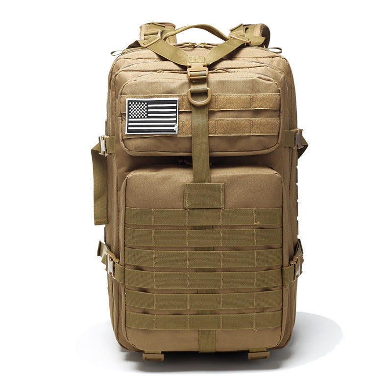 Tan tactical backpack with American flag patch on a white background