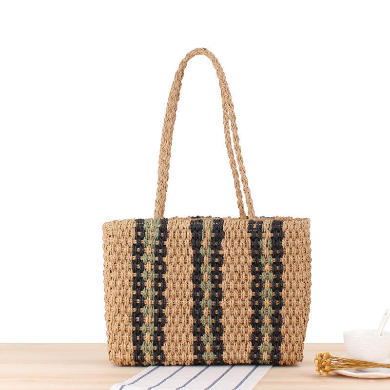 Vertical Stripes One-Shoulder Straw Woven Bag - Fashion Women's Summer Handbag