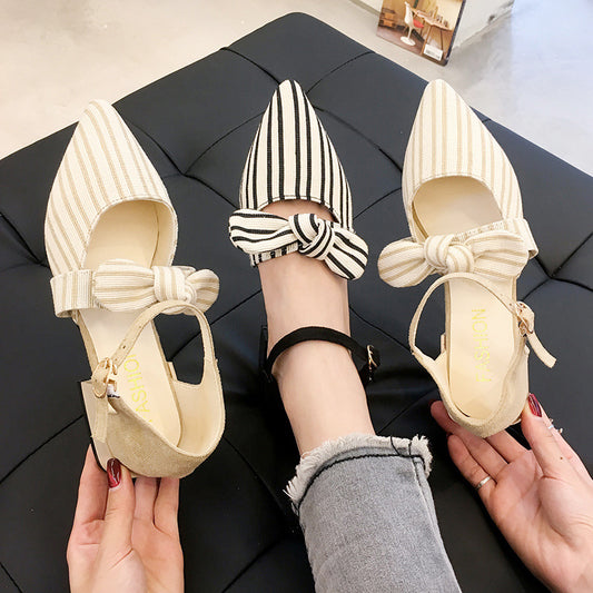 Casual Low-Heeled Pointed Bow One-Word Buckle Fairy Shoes