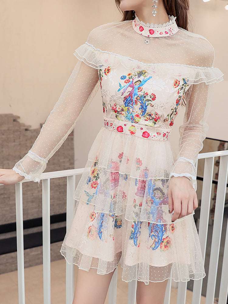 Women's French-Inspired Tulle Trumpet-Sleeve High-Waist Princess Mini Dress | White | S–XL