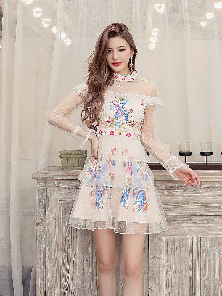 Women's French-Inspired Tulle Trumpet-Sleeve High-Waist Princess Mini Dress | White | S–XL