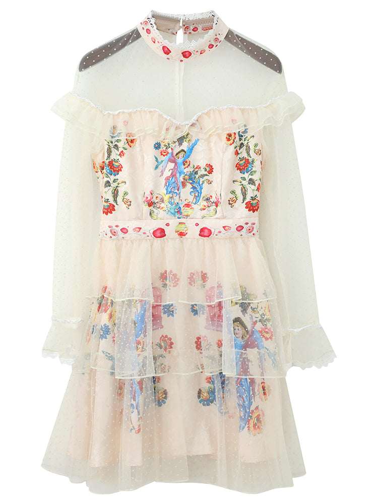 Women's French-Inspired Tulle Trumpet-Sleeve High-Waist Princess Mini Dress | White | S–XL