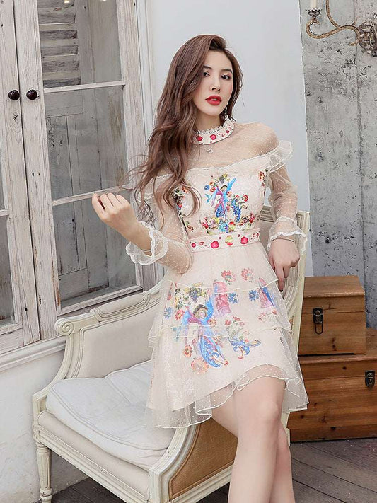 Women's French-Inspired Tulle Trumpet-Sleeve High-Waist Princess Mini Dress | White | S–XL