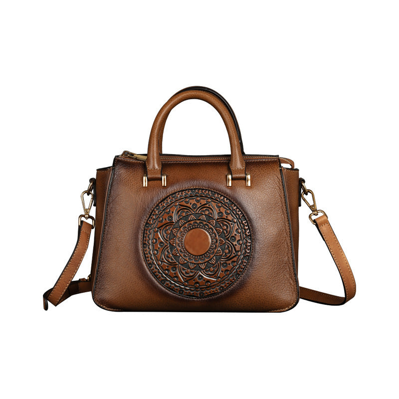 Luxury square leather handbag with floral totem design in [color] - premium women's fashion accessory
