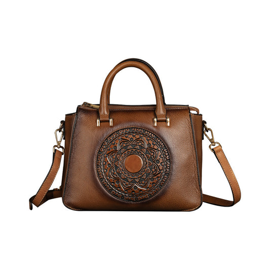 Luxury square leather handbag with floral totem design in [color] - premium women's fashion accessory
