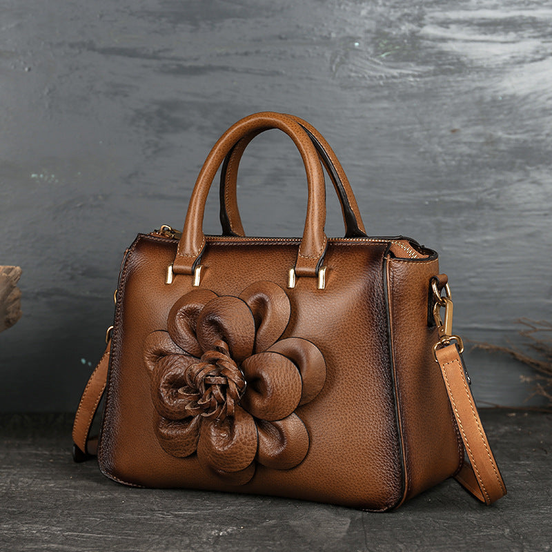 Luxury square leather handbag with floral totem design in [color] - premium women's fashion accessory