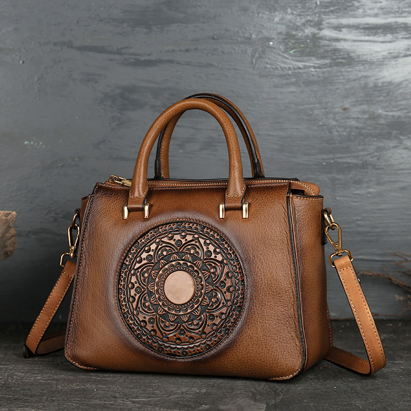Luxury square leather handbag with floral totem design in [color] - premium women's fashion accessory