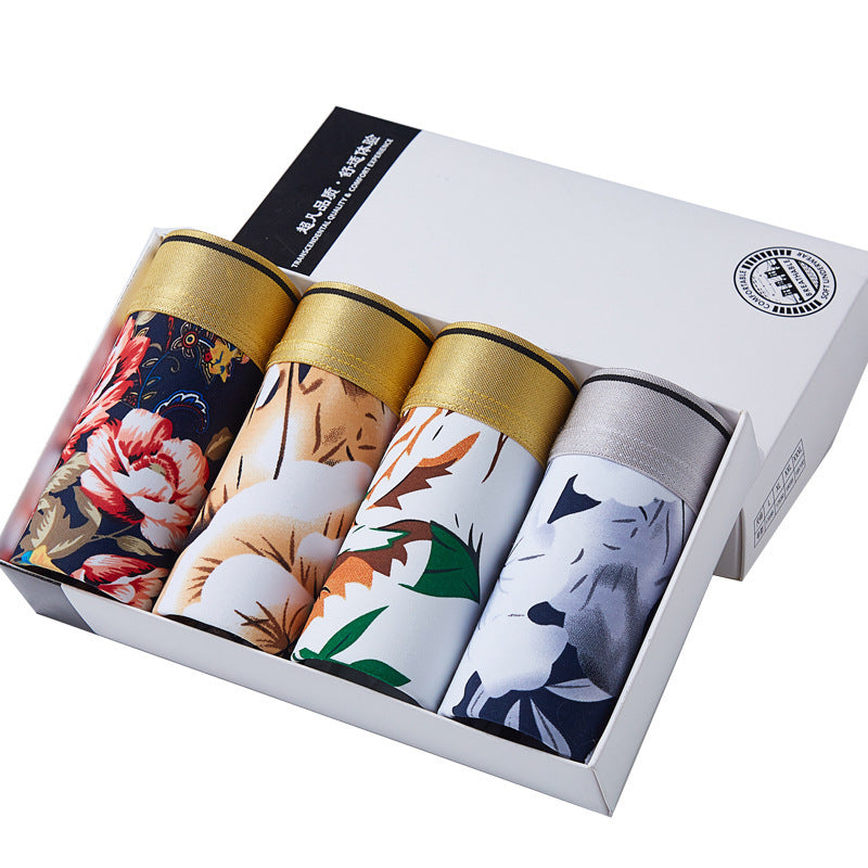 Shorts Breathable Four-corner Ice Silk Men's Underwear Printing Sexy Boxer Briefs