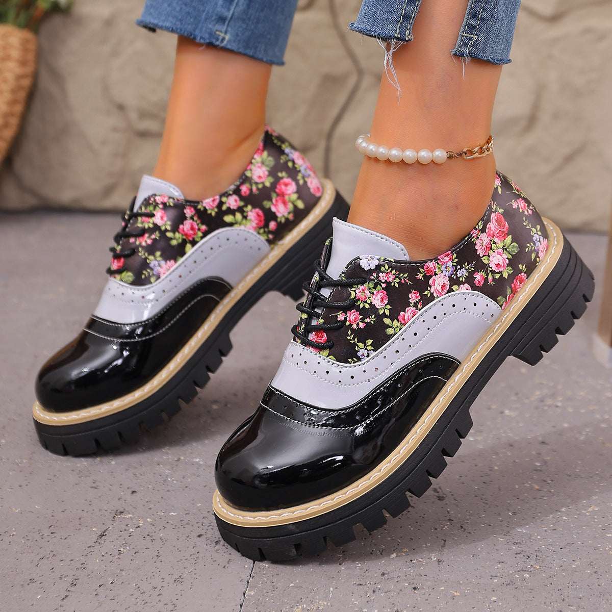 Women's Plus-Size Chunky Heel Casual Shoes - Color-Blocked Fashion Sneakers