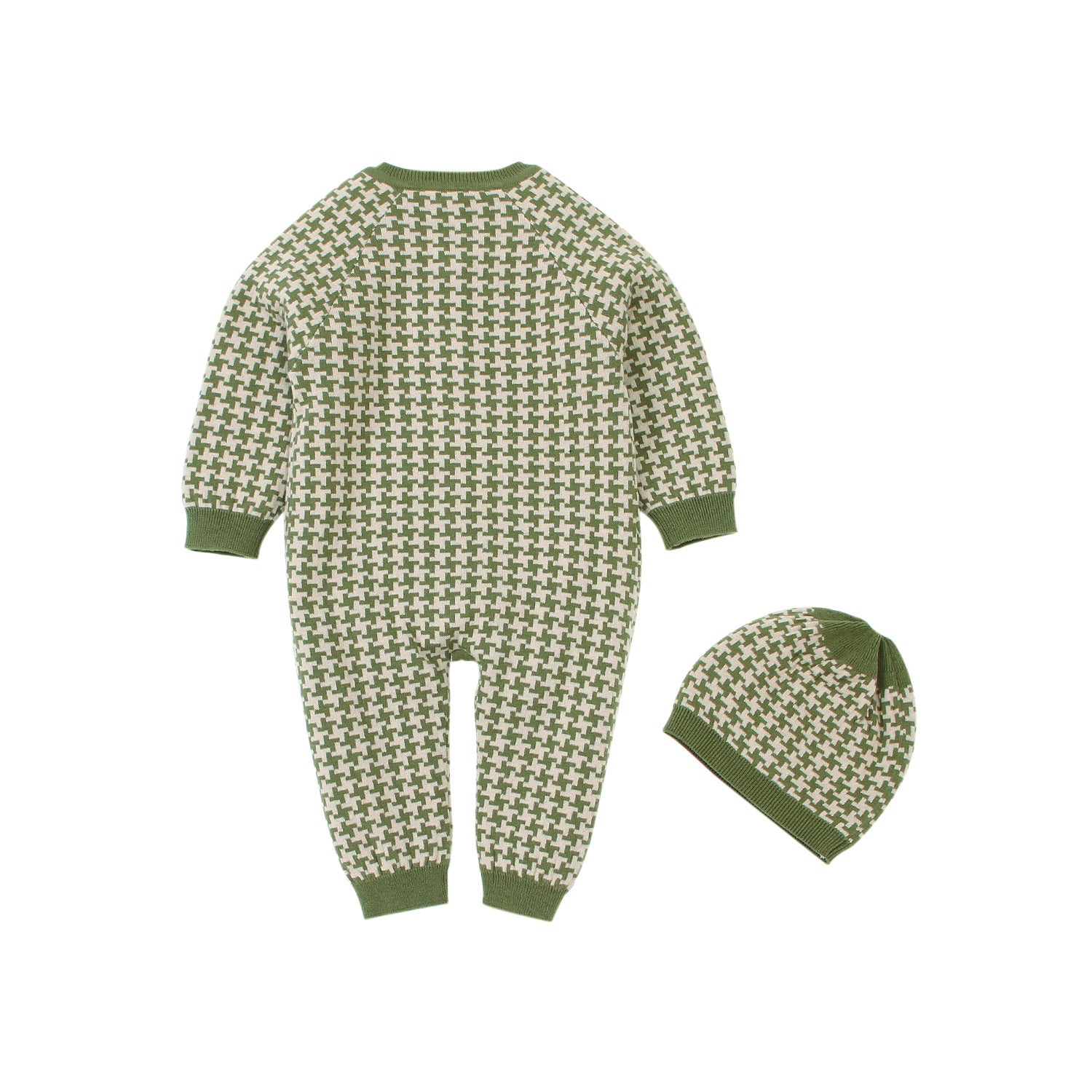 Green and white patterned baby onesie and hat set on a white background
