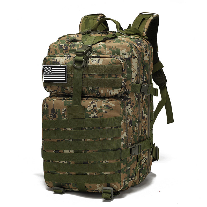 Camouflage backpack with American flag patch on a white background