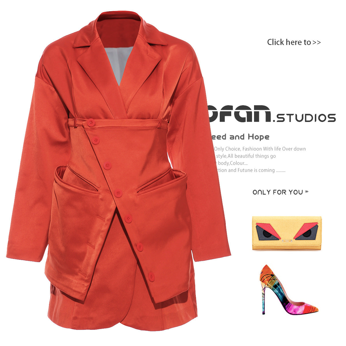 Orange coat with a handbag and colorful shoe on a white background, featuring 'DFGN STUDIOS' branding. by millivan