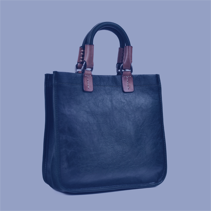 Blue tote bag with brown handles on a blue background
