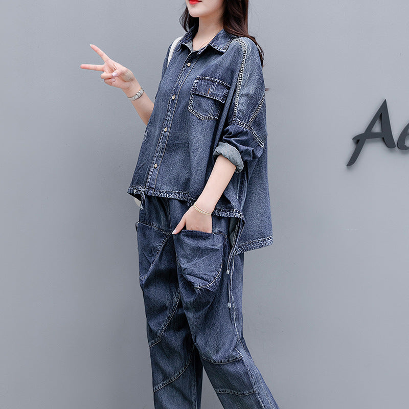 Women's Plus Size Long-Sleeve Top & Cropped Harem Pants Co-ord Set | Denim Blue | L–2XL