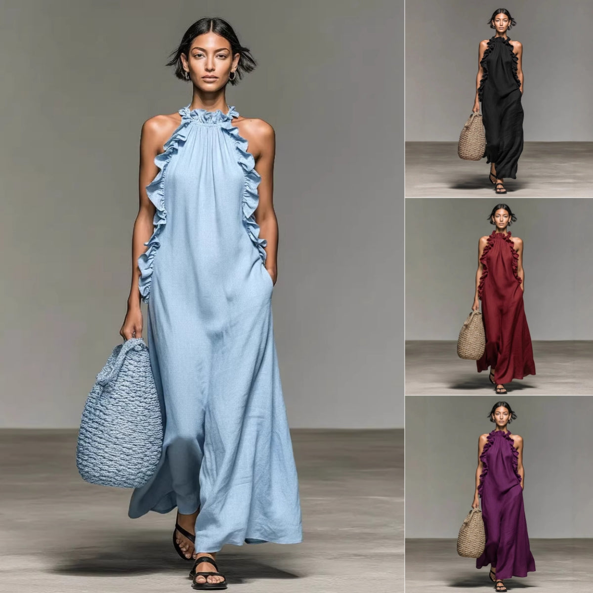 Collage of models wearing long dresses in various colors with handbags. by millivan
