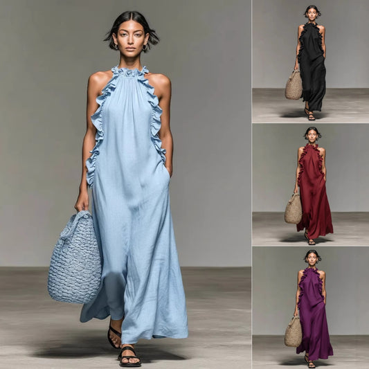 Collage of models wearing long dresses in various colors with handbags. by millivan