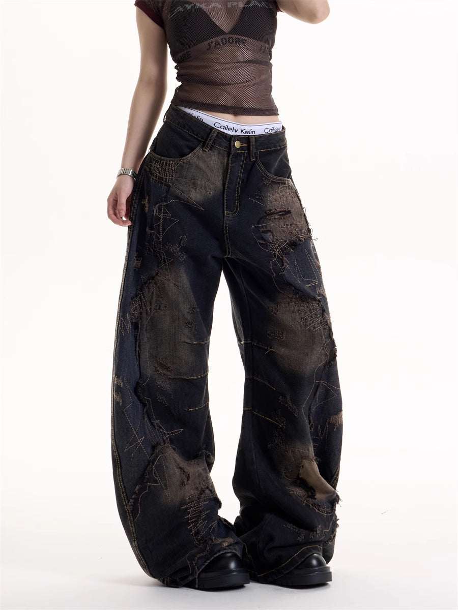 Women's Tie-Dye Ripped Spliced Wide-Leg Jeans | Black | S–XL